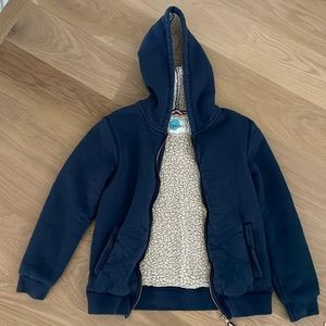 Boden boys, Sherpa lined, blue zip up hoodie, size 9-10Y (140cm)